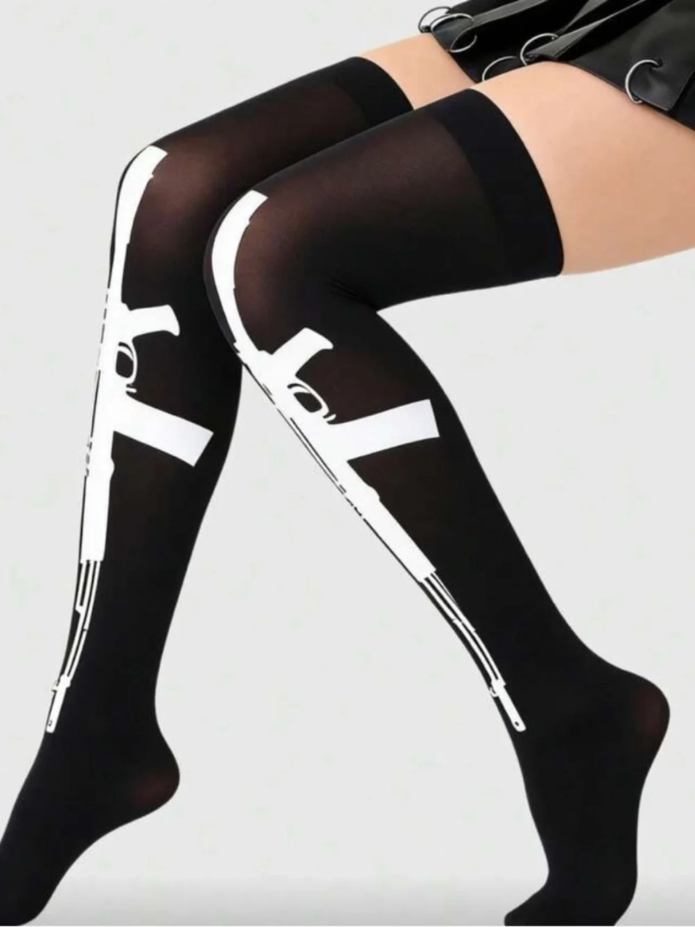 Black Thigh-High Socks with White Gun Graphic
